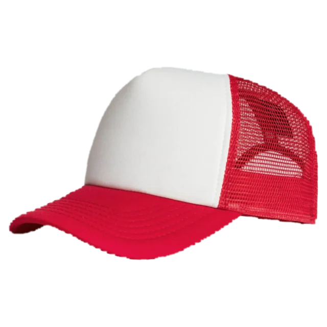 Custom trucker hat with curved bill, red and white