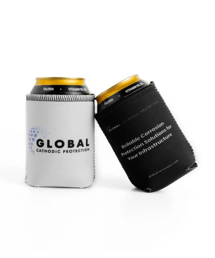 Global Cathodic Protection branded koozies in white and black