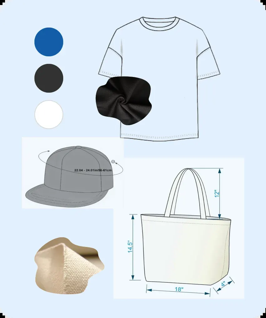 Technical sketch of a t-shirt, cap and tote bag with brand colors