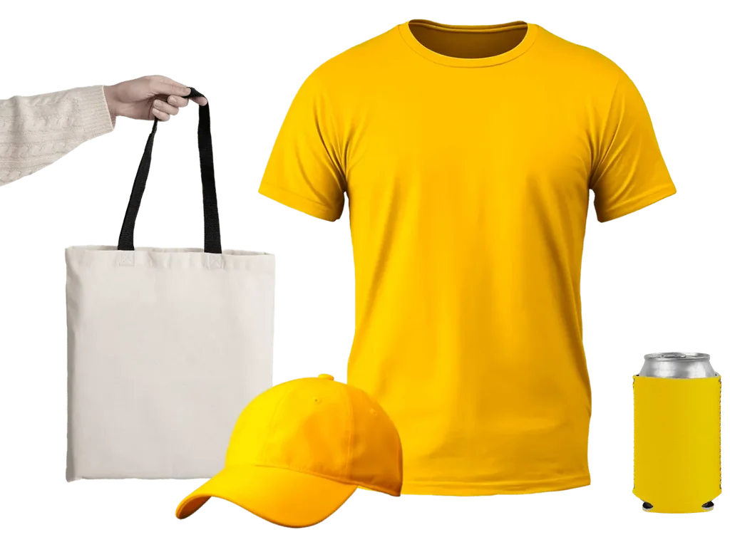 Yellow branded merchandise set: t-shirt, cap, koozie and tote